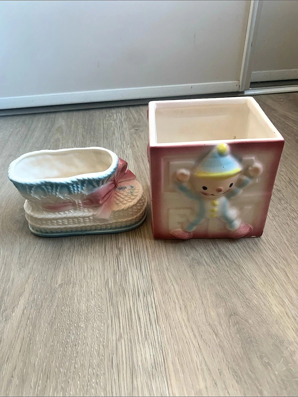 Vintage Lefton Ceramic Baby Shoe & Nursery Planters Pink & White